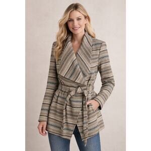 Jack BB Dakota Wrap Coat Jacket Women's S Blanket Belted Pockets Tan Blue Aztec